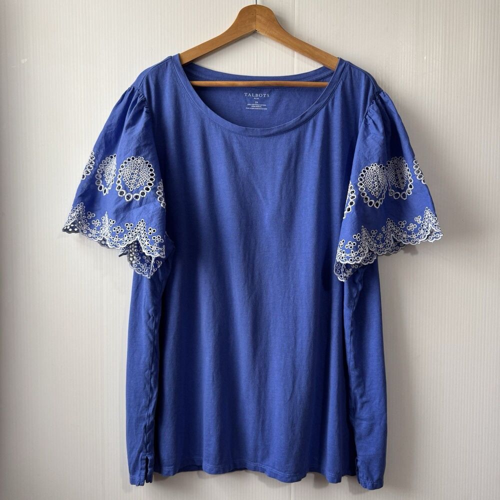 Talbots Plus Size 3X Blue White Eyelet Embroidery Sleeve Women’s Top